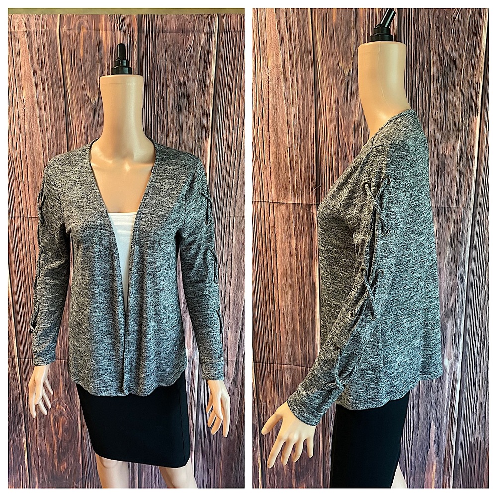 Selfie size medium gray boho lace up statement sleeve casual cardigan sweater